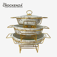 Elegant Imported Oval Porcelain Serveware – White Marble with Handles & golden Matching Lid (Three Sizes)