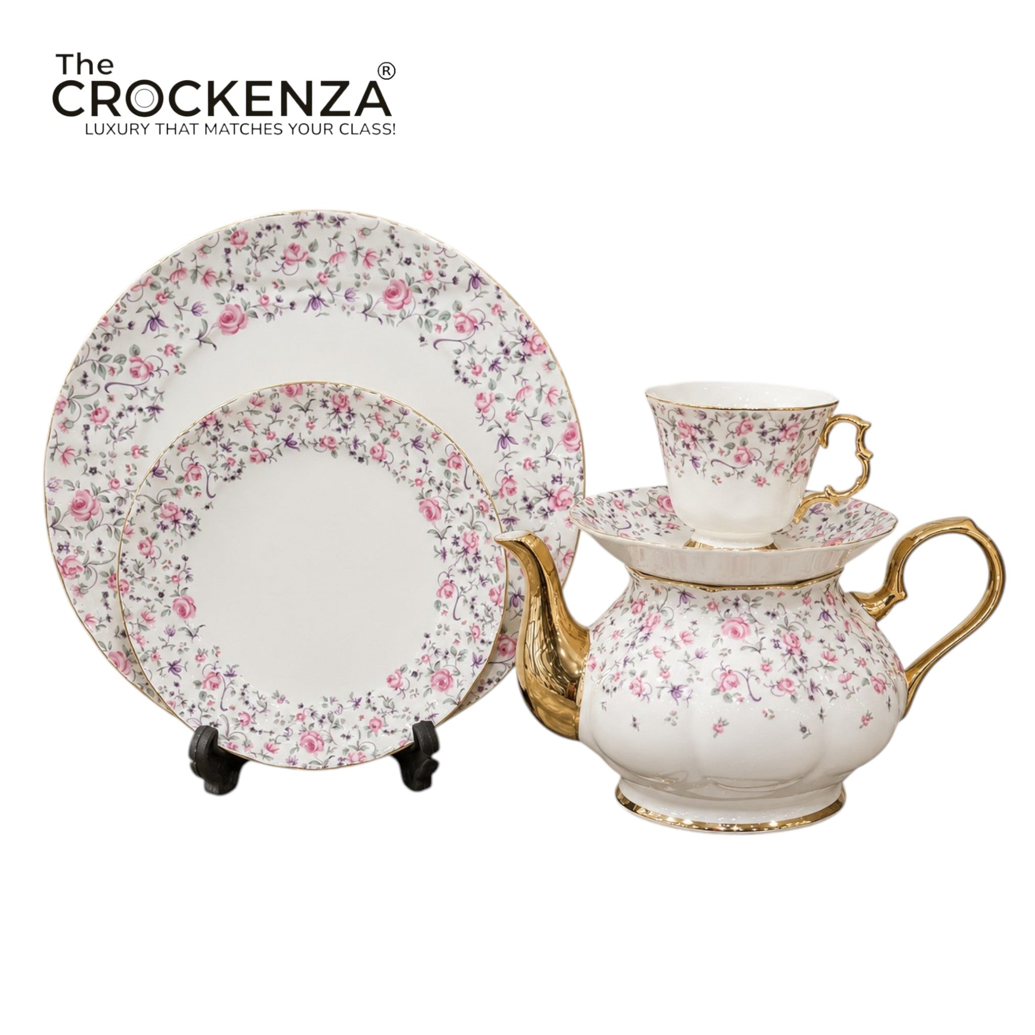 Royal Albert Inspired Luxury 24-Piece Pink Rose Floral Tea Set with Gold Accents