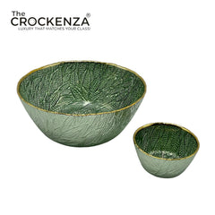 7-Piece Luxury Green Embossed Serving Bowl Set with Gold Rim – 1 Large & 6 Small Bowls