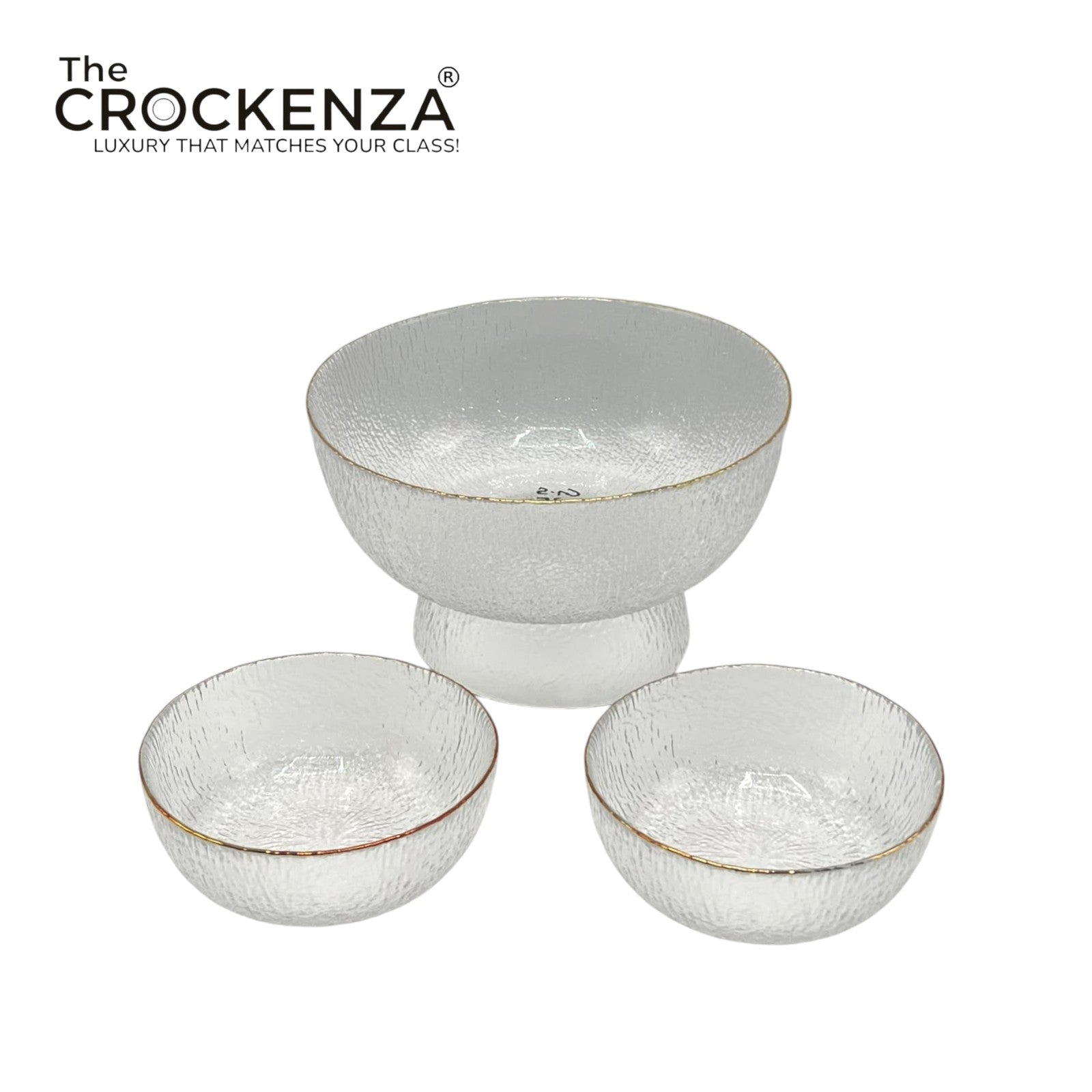 7-Piece Luxury Textured Glass Serving Bowl Set with Gold Rim – 1 Large & 6 Small Bowls