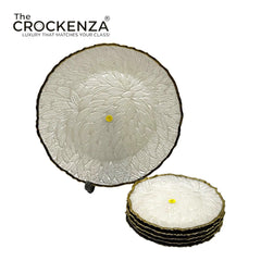 7-Piece Luxury Textured Glass Cake Serving Set with Gold Rim – 1 Large Cake Plate & 6 Dessert Plates