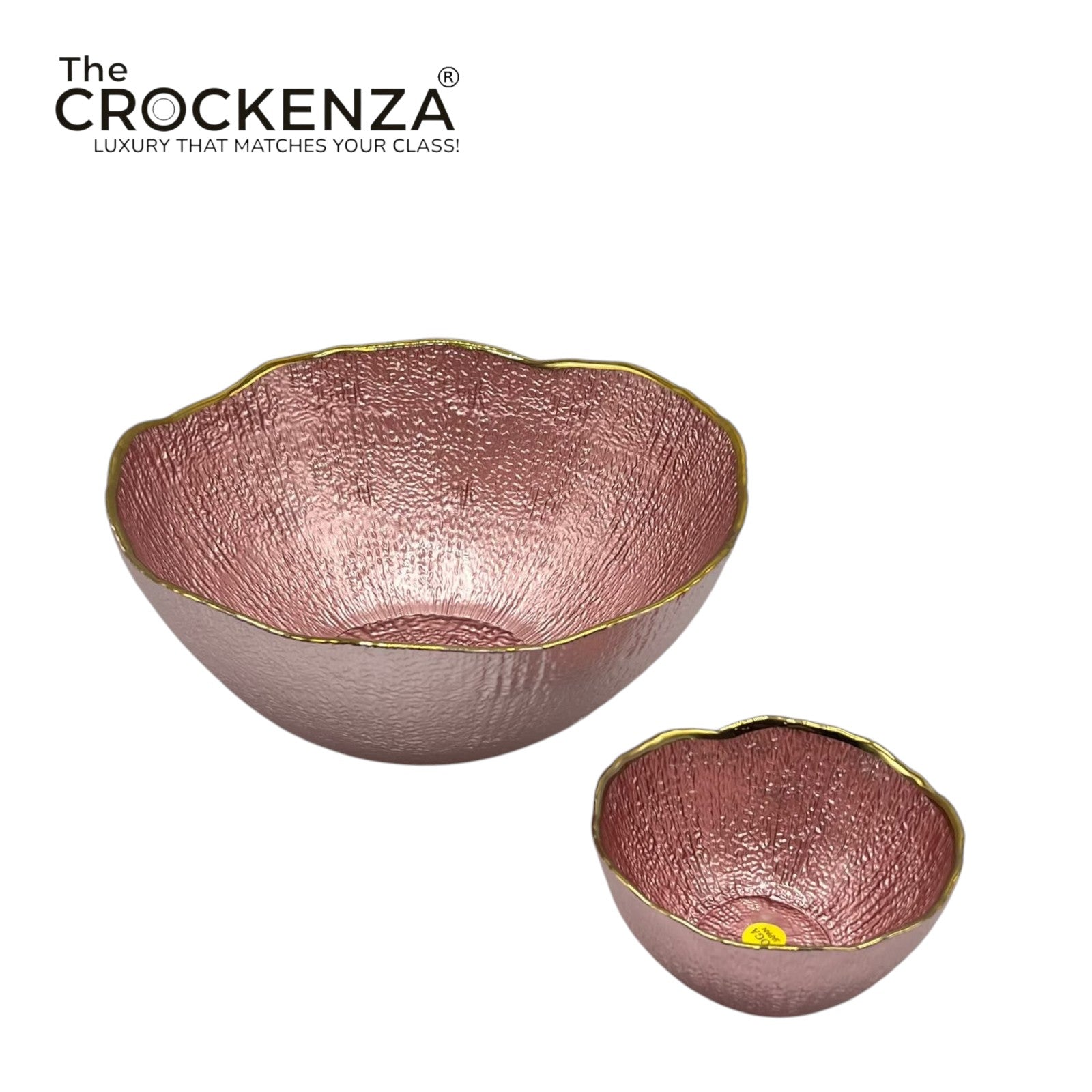 7-Piece Luxury Rose Pink Textured Glass Serving Bowl Set with Gold Rim – 1 Large & 6 Small Bowls