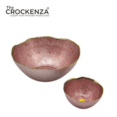 7-Piece Luxury Rose Pink Textured Glass Serving Bowl Set with Gold Rim – 1 Large & 6 Small Bowls