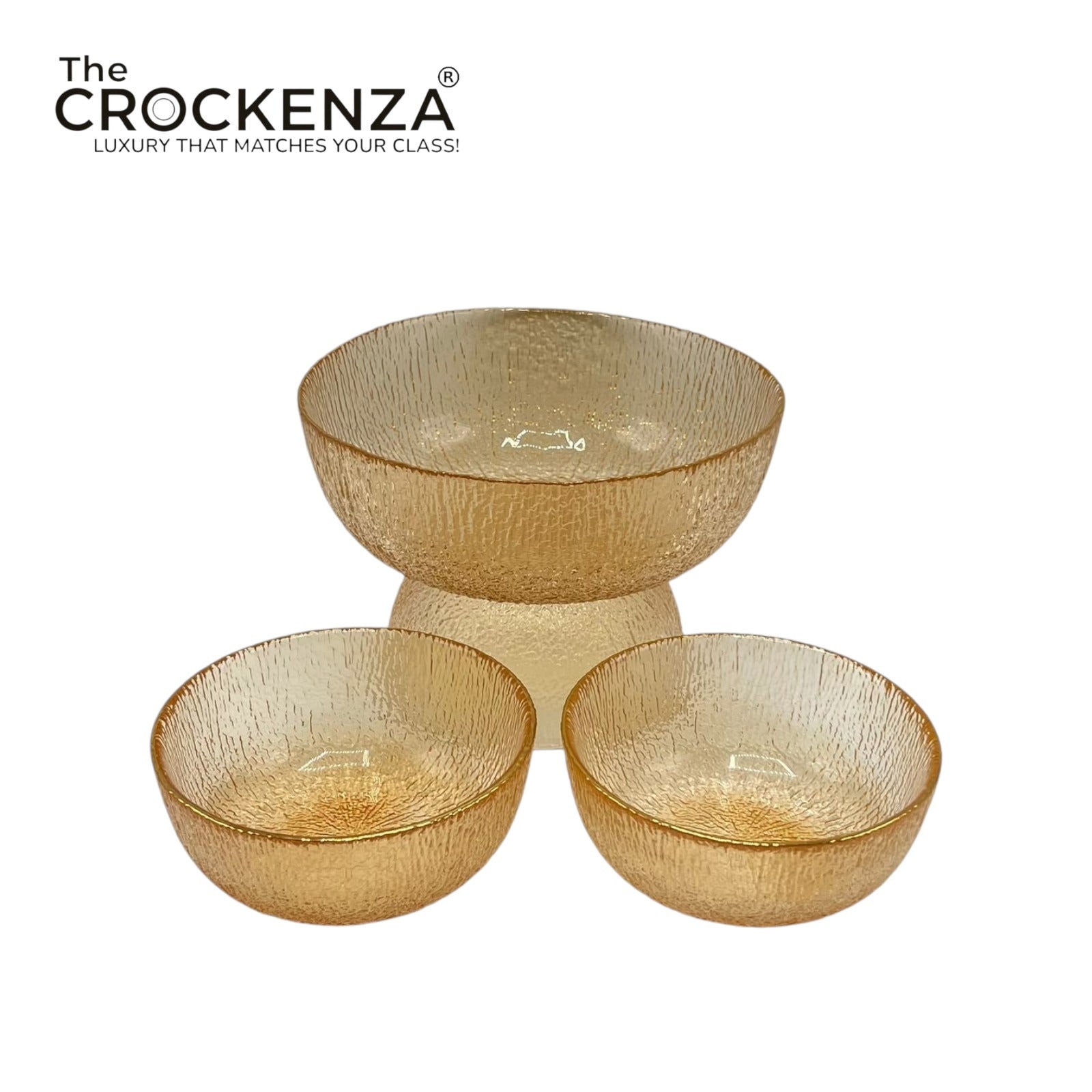 7-Piece Luxury Golden Textured Glass Serving Bowl Set – 1 Large & 6 Small Bowls