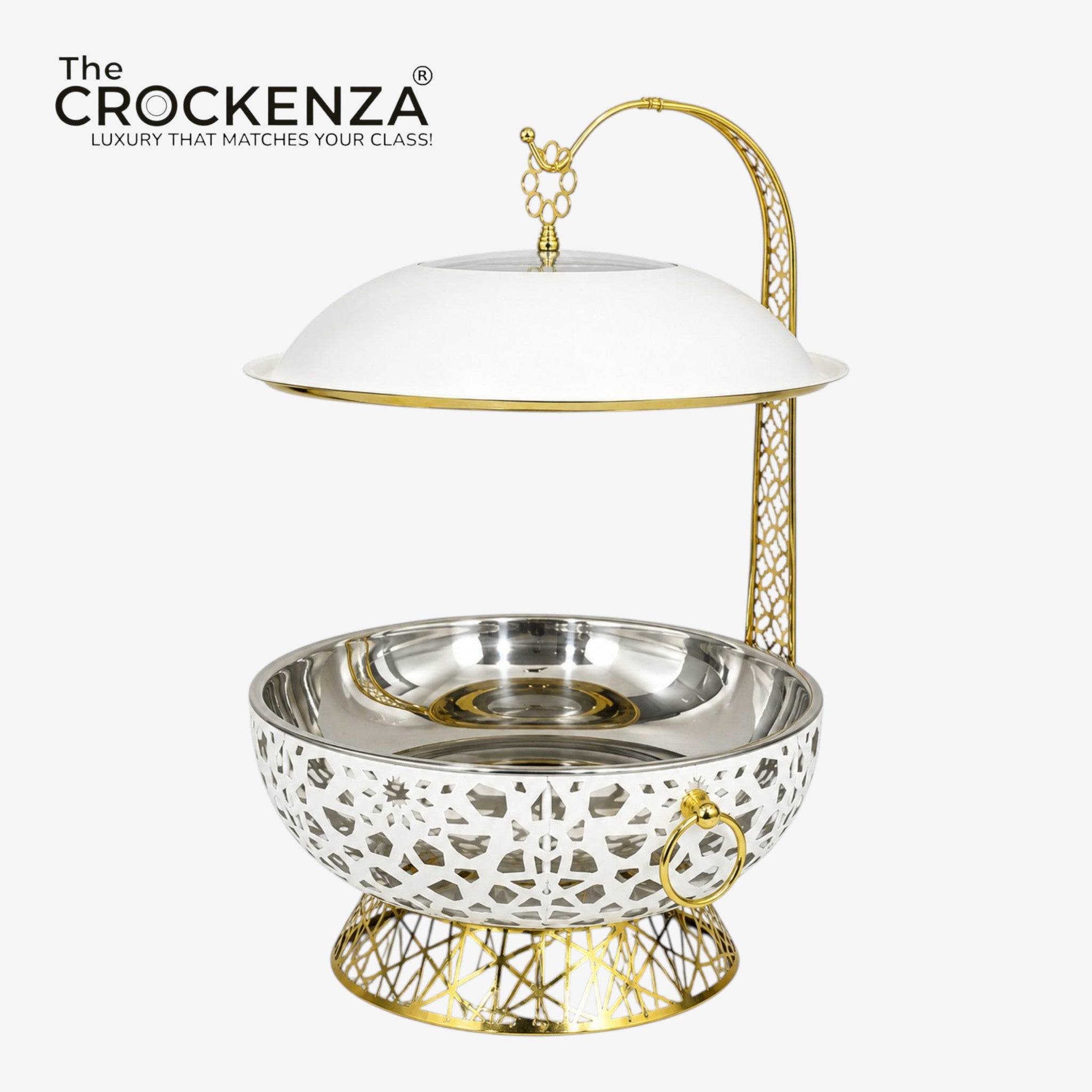 Luxury Stainless Steel Buffet Dish with Golden Stand & Hanging Lid (8 Litre) – Premium Food Warmer & Serving Dish