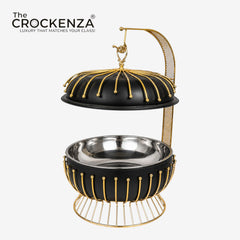 Luxury Black & Gold Stainless Steel 8-Litre Buffet Dish with Hanging Lid – Premium Royal Serving Dish