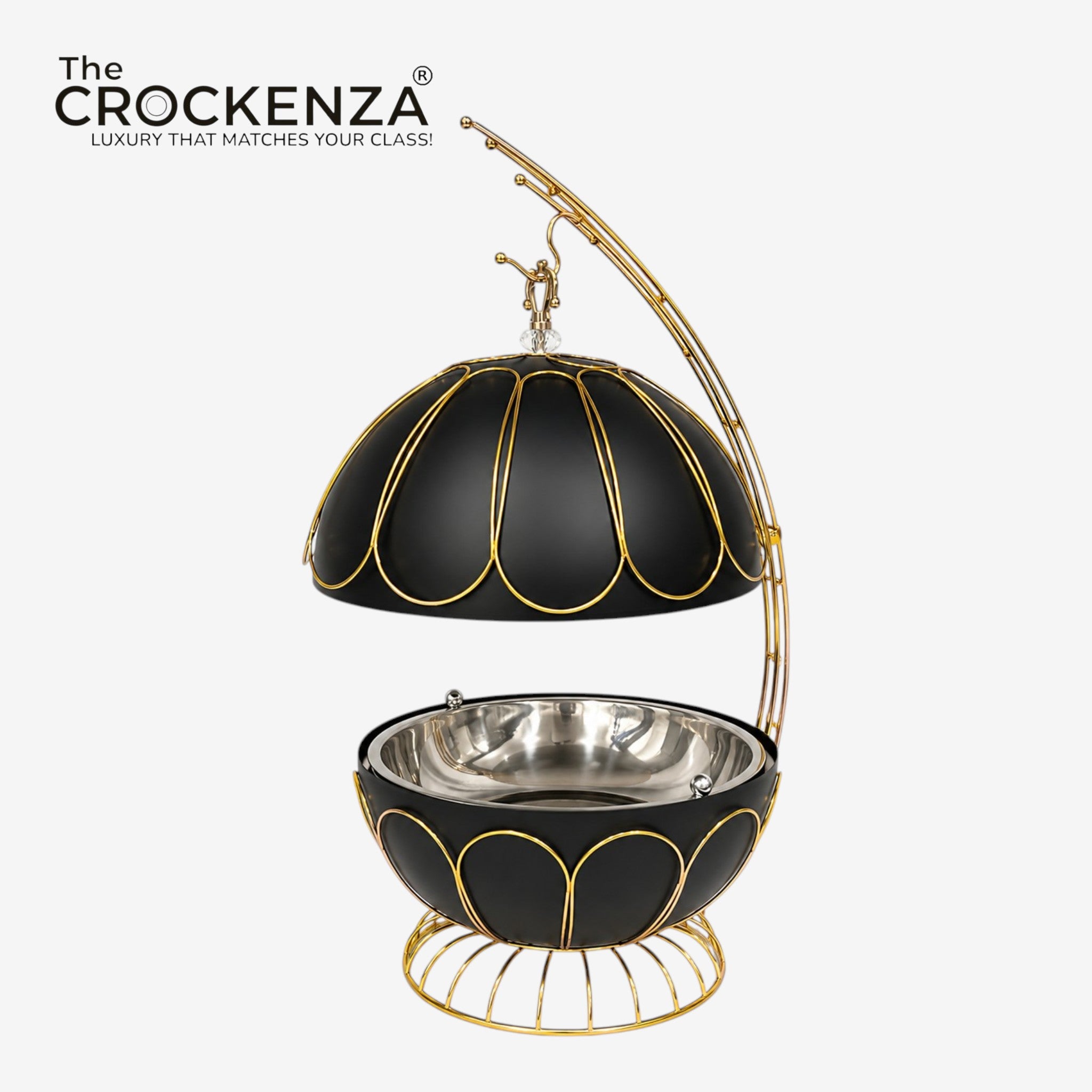 Luxury Black & Gold Stainless Steel Buffet Dish with Hanging Lid – Premium Royal Food Warmer & Serving Dish (8 Litre)