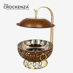 Luxury Wooden Finish Stainless Steel 8-Litre Buffet Dish with Golden Stand & Hanging Lid – Premium Serving Dish
