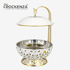 Luxury Stainless Steel Buffet Dish with Golden Stand & Hanging Lid (8 Litre) – Premium Food Warmer & Serving Dish