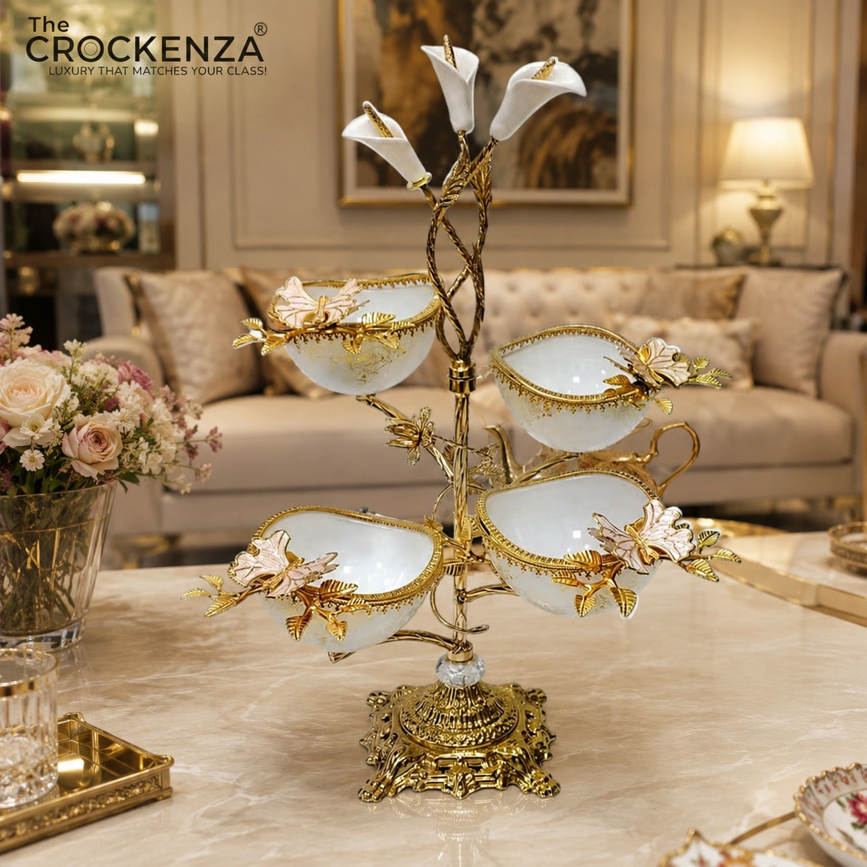 Luxury 4 Partition Dry Fruit Serving Bowl with Golden Floral Stand – Elegant Tabletop Snack & Nut Server