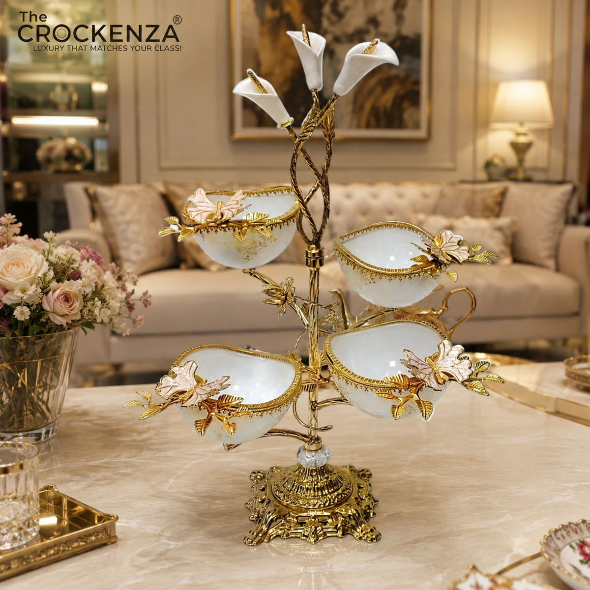 Luxury 4 Partition Dry Fruit Serving Bowl with Golden Floral Stand – Elegant Tabletop Snack & Nut Server