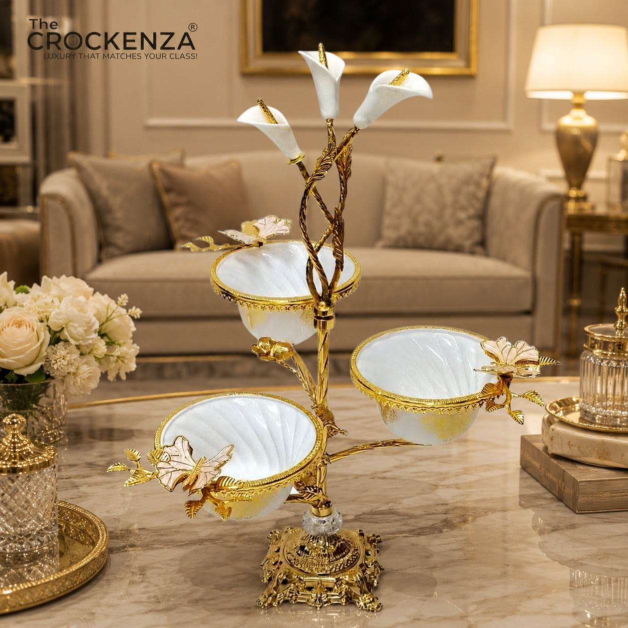 Luxury 3 Partition Dry Fruit Serving Bowl with Golden Floral Stand – Elegant Nut & Snack Server
