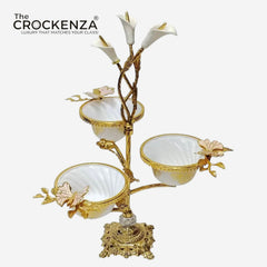 Luxury 3 Partition Dry Fruit Serving Bowl with Golden Floral Stand – Elegant Nut & Snack Server