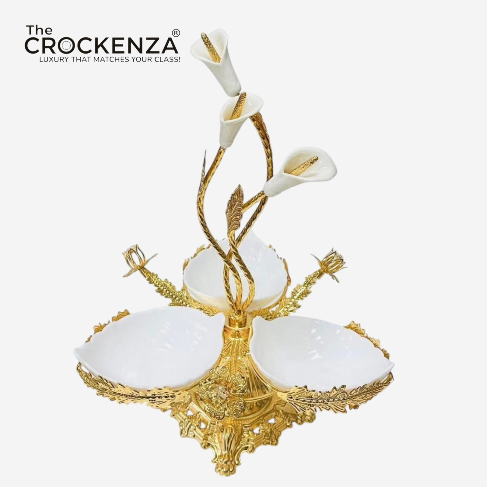 Luxury 3 Partition Dry Fruit Serving Bowl with Golden Floral Stand – Premium Decorative Nut & Snack Server