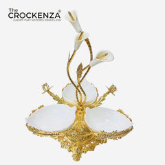 Luxury 3 Partition Dry Fruit Serving Bowl with Golden Floral Stand – Premium Decorative Nut & Snack Server