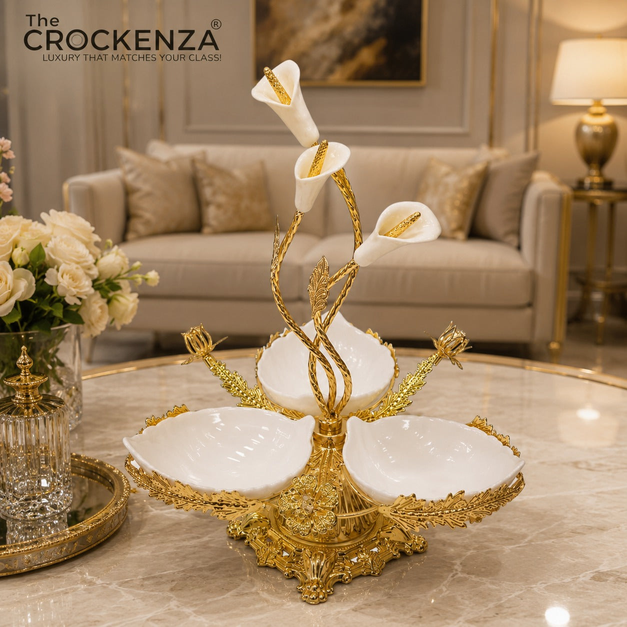 Luxury 3 Partition Dry Fruit Serving Bowl with Golden Floral Stand – Premium Decorative Nut & Snack Server