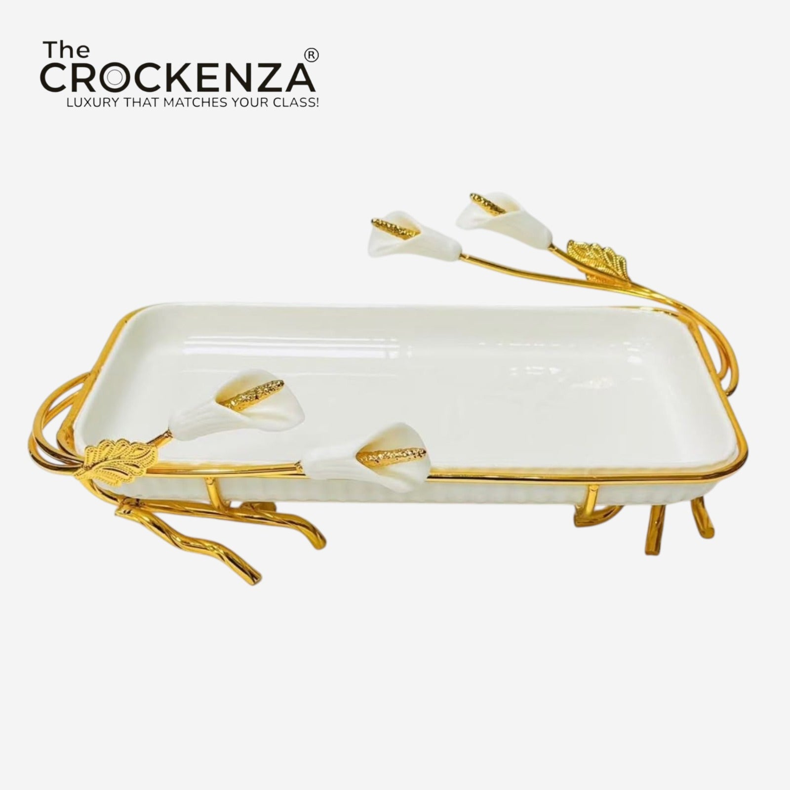 Luxury Rectangular Serving Tray with Golden Floral Stand & Handles – Premium White & Gold Table Server