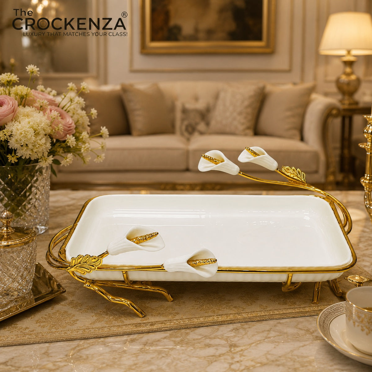 Luxury Rectangular Serving Tray with Golden Floral Stand & Handles – Premium White & Gold Table Server