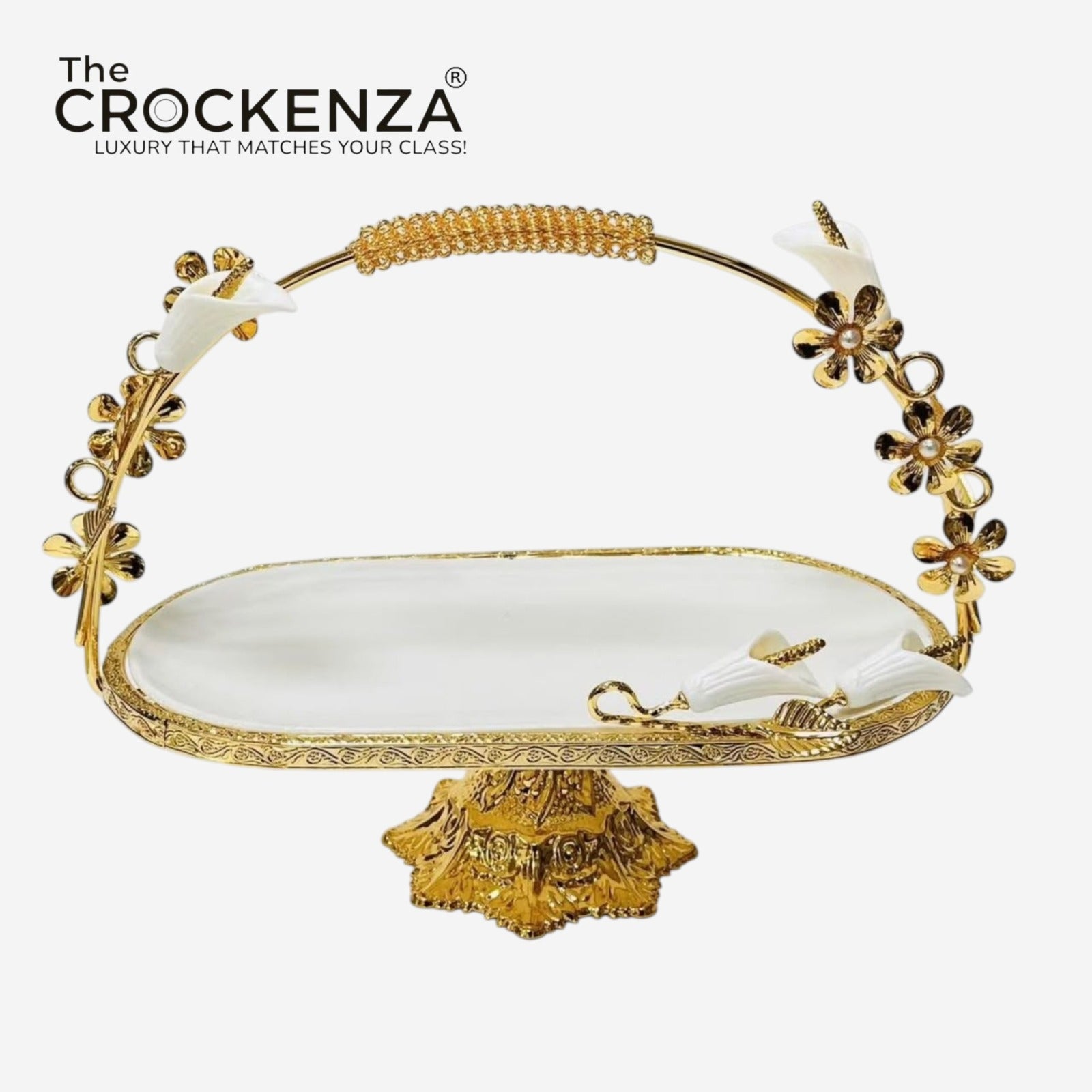 Luxury Oval Serving Platter with Golden Floral Stand & Handle – Premium White & Gold Table Centerpiece