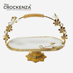 Luxury Oval Serving Platter with Golden Floral Stand & Handle – Premium White & Gold Table Centerpiece