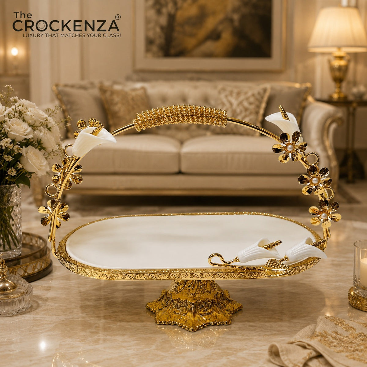 Luxury Oval Serving Platter with Golden Floral Stand & Handle – Premium White & Gold Table Centerpiece