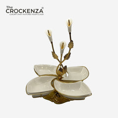 Luxury 4 Partition Dry Fruit Serving Bowl with Golden Floral Stand – Premium White & Gold Nut & Snack Server