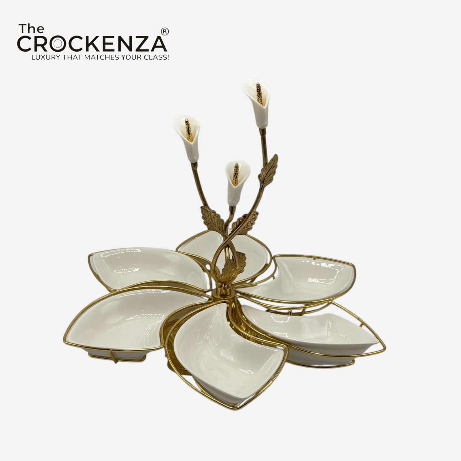 Luxury 6 Partition Dry Fruit Serving Bowl with Golden Floral Stand – Premium White & Gold Nut & Snack Server
