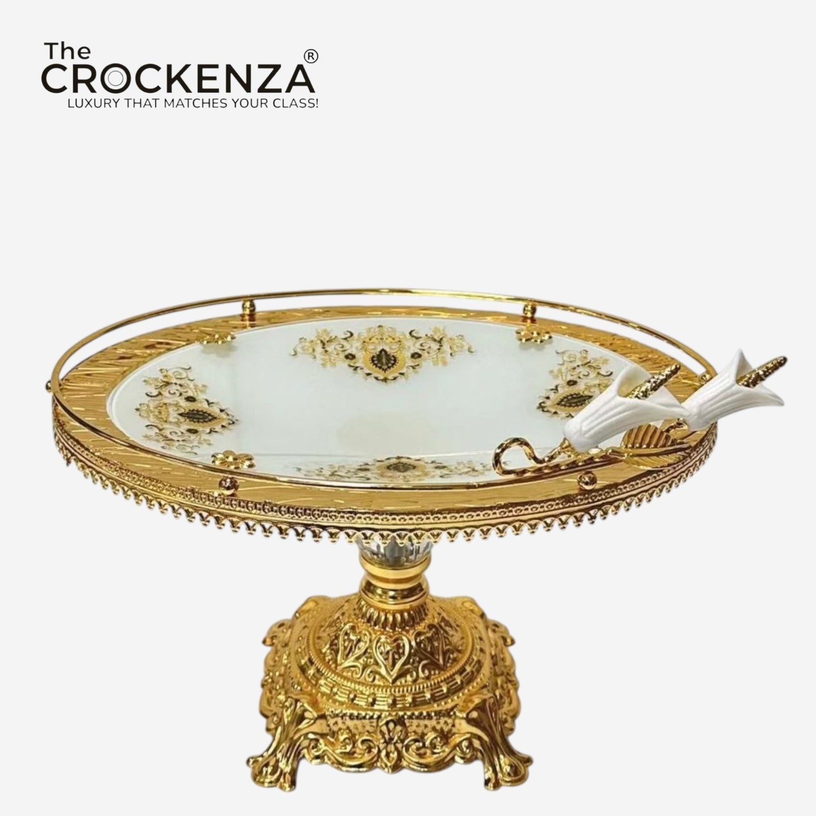 Luxury Round Serving Platter with Golden Pedestal Stand – Premium White & Gold Decorative Cake & Snack Server