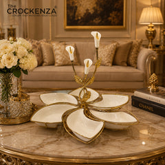 Luxury 6 Partition Dry Fruit Serving Bowl with Golden Floral Stand – Premium White & Gold Nut & Snack Server