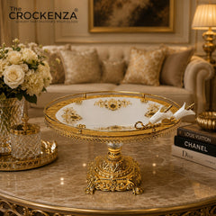 Luxury Round Serving Platter with Golden Pedestal Stand – Premium White & Gold Decorative Cake & Snack Server