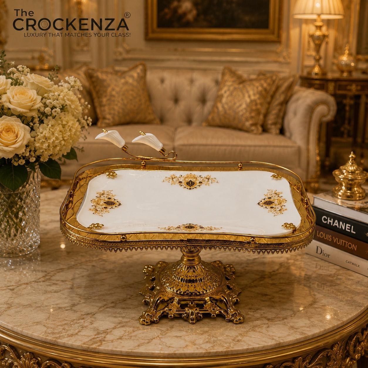 Luxury Rectangular Serving Platter with Golden Pedestal Stand – Premium White & Gold Decorative Table Server