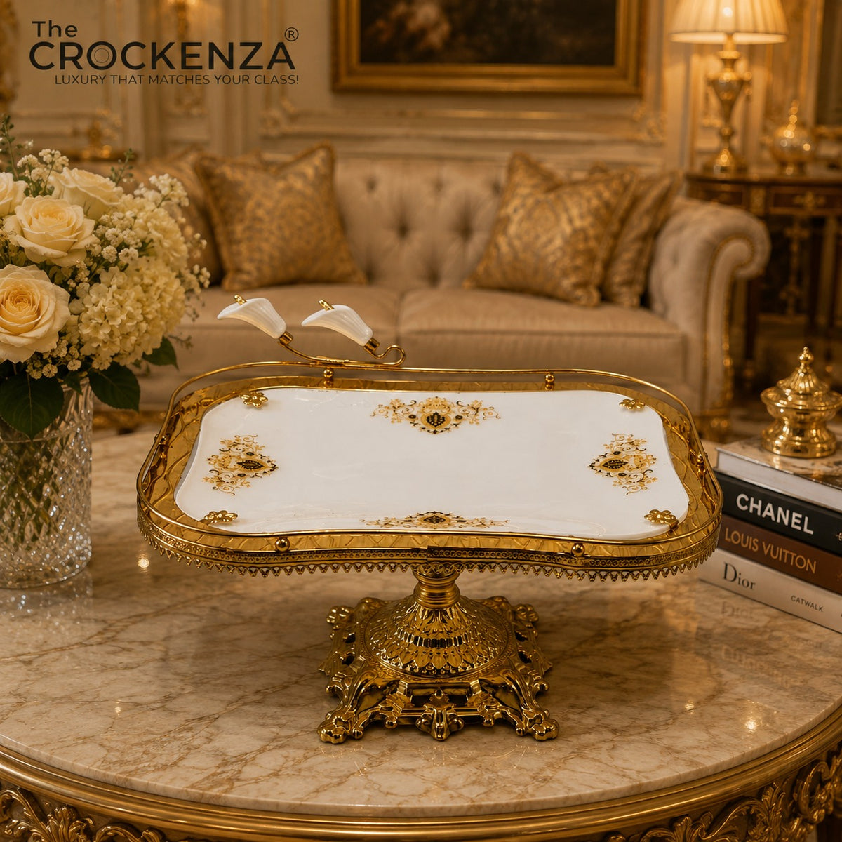 Luxury Rectangular Serving Platter with Golden Pedestal Stand – Premium White & Gold Decorative Table Server