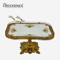 Luxury Rectangular Serving Platter with Golden Pedestal Stand – Premium White & Gold Decorative Table Server