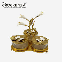 Luxury 3 Piece Dry Fruit Jar Set with Golden Floral Stand – Premium Crystal-Style Nut & Candy Serving Set