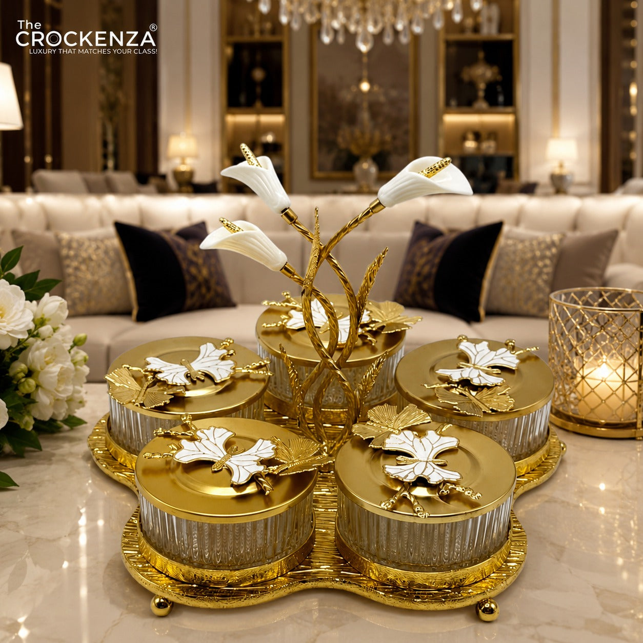 Luxury 5 Piece Dry Fruit Jar Set with Golden Floral Stand – Premium Crystal-Style Nut, Candy & Snack Serving Set