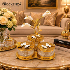 Luxury 3 Piece Dry Fruit Jar Set with Golden Floral Stand – Premium Crystal-Style Nut & Candy Serving Set