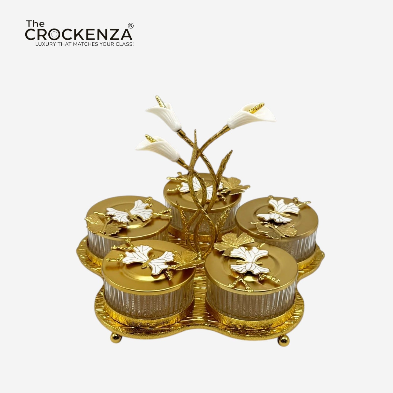 Luxury 5 Piece Dry Fruit Jar Set with Golden Floral Stand – Premium Crystal-Style Nut, Candy & Snack Serving Set