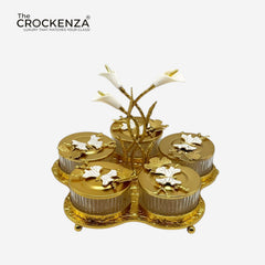 Luxury 5 Piece Dry Fruit Jar Set with Golden Floral Stand – Premium Crystal-Style Nut, Candy & Snack Serving Set