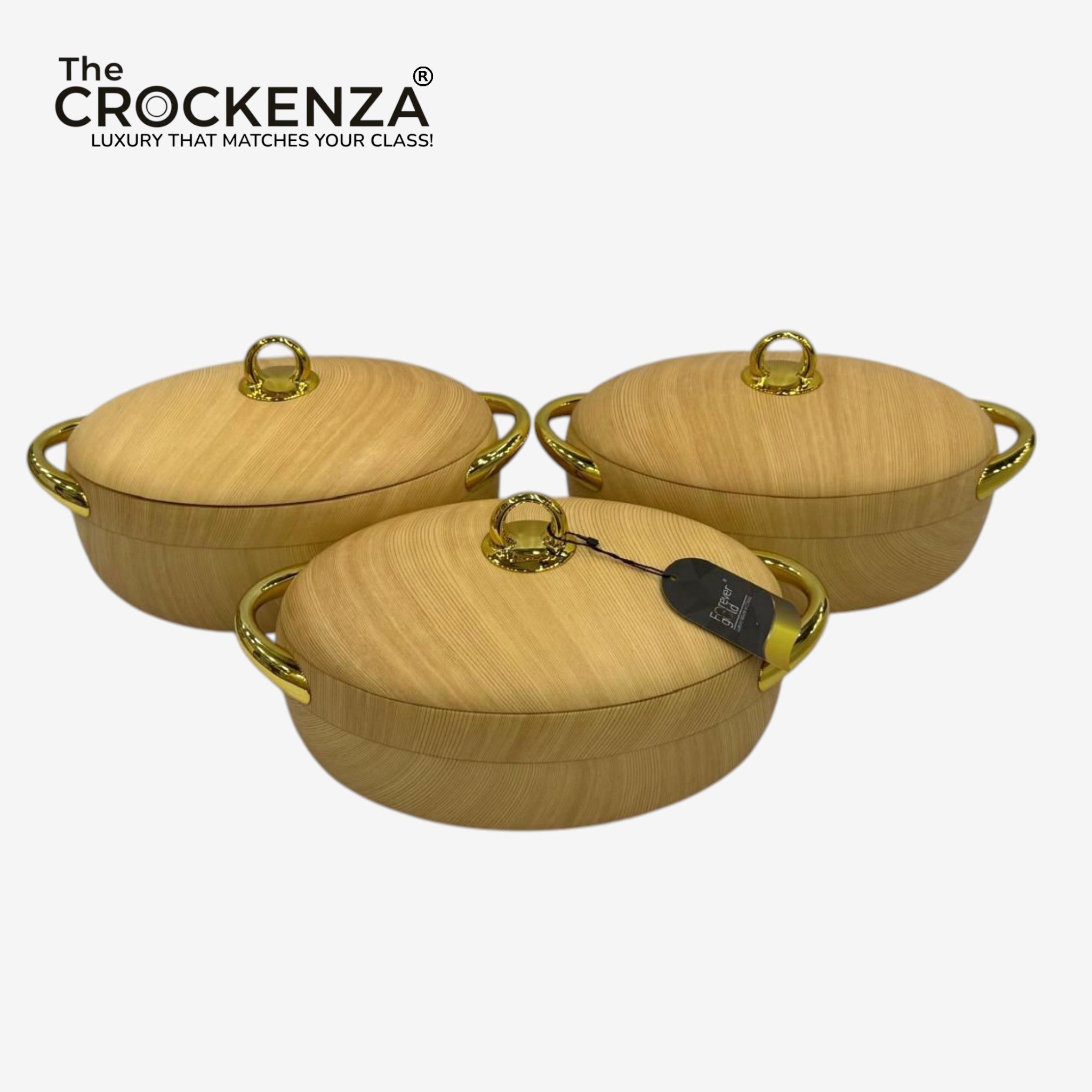 Imported Forever Gold Hot Pot Set – 3 Piece Insulated Casserole Set (2L, 2.5L & 3L) | Luxury Wooden Finish