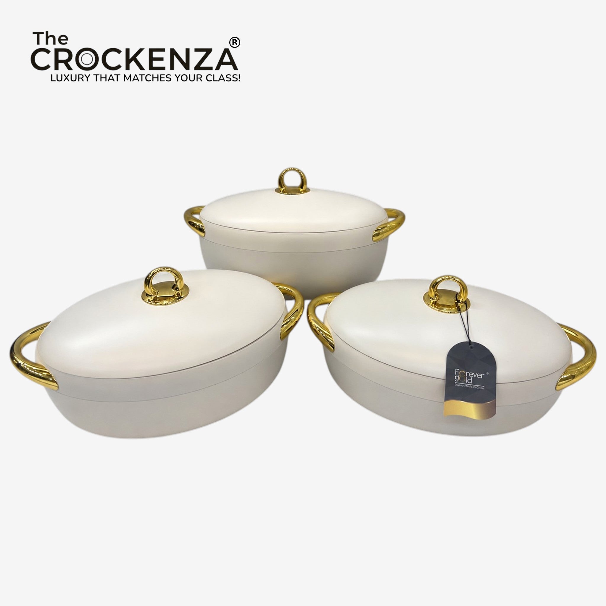 Imported Forever Gold Luxury Hot Pot Set – 3 Piece Insulated Casserole Set (2L, 2.5L & 3L) | Elegant White & Gold