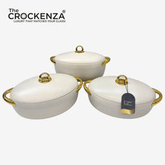 Imported Forever Gold Luxury Hot Pot Set – 3 Piece Insulated Casserole Set (2L, 2.5L & 3L) | Elegant White & Gold