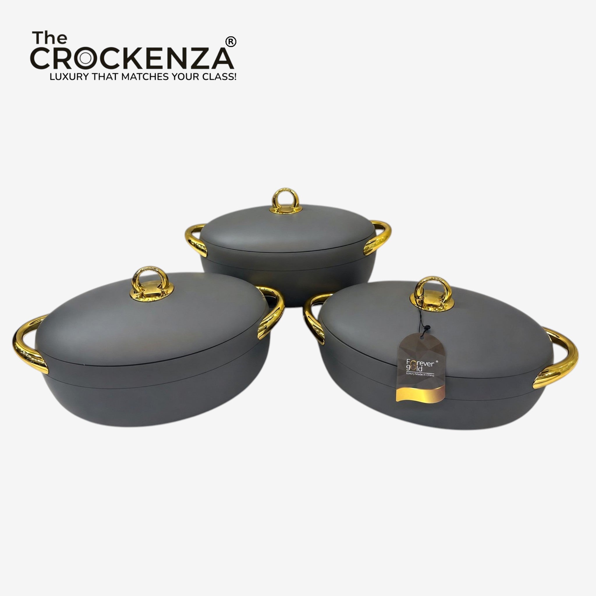 Imported Forever Gold Luxury Hot Pot Set – 3 Piece Insulated Casserole Set with Magnetic Airtight Lock (2L, 2.5L & 3L) | Grey & Gold