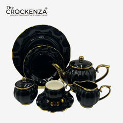 Imported Luxury Gold-Rimmed Black 24-Piece Tea Set – Elegant Pearl Finish for 6 Persons