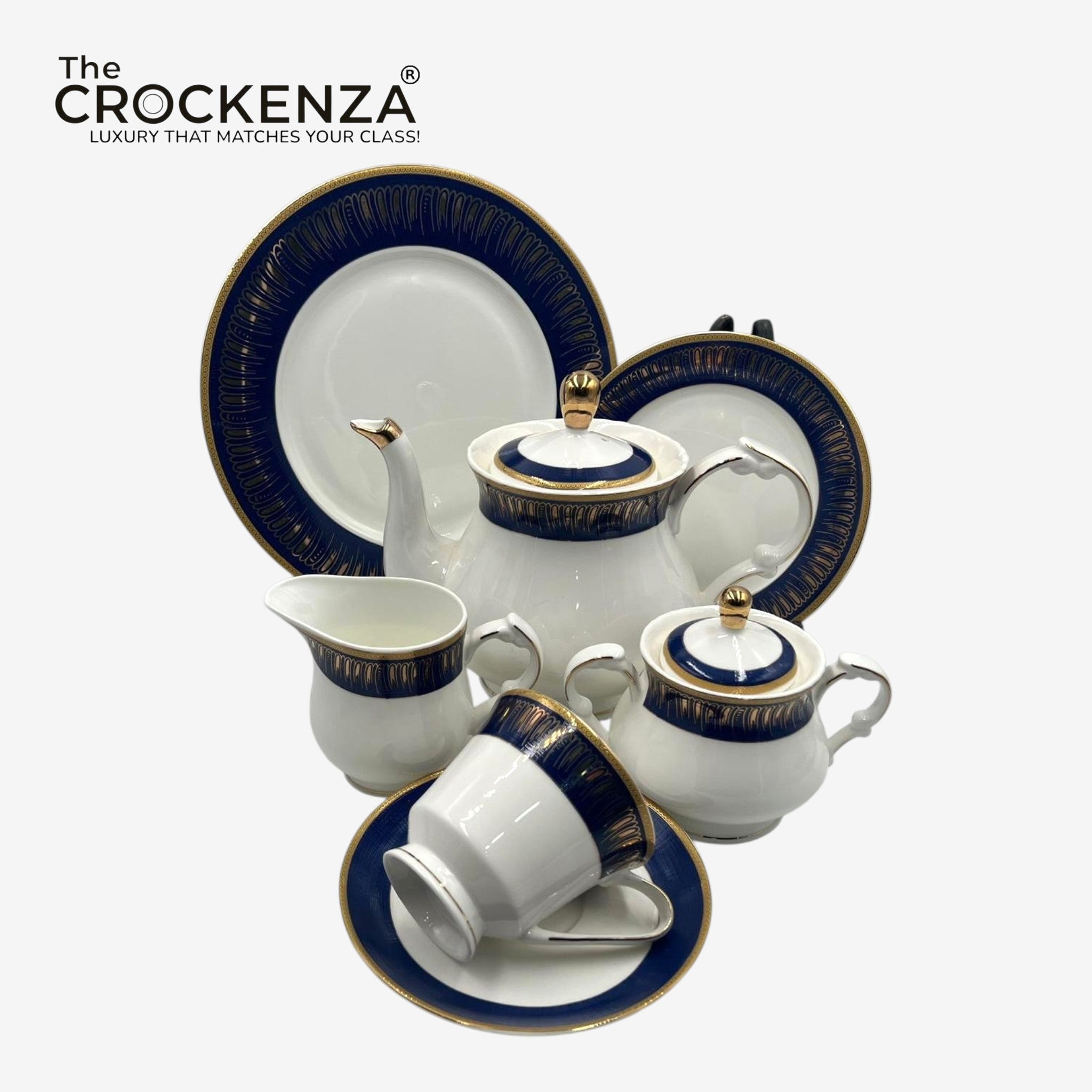 Premium 24-Piece Super Bone China Dinner & Tea Serving Set – Imperial Navy & Gold Motif