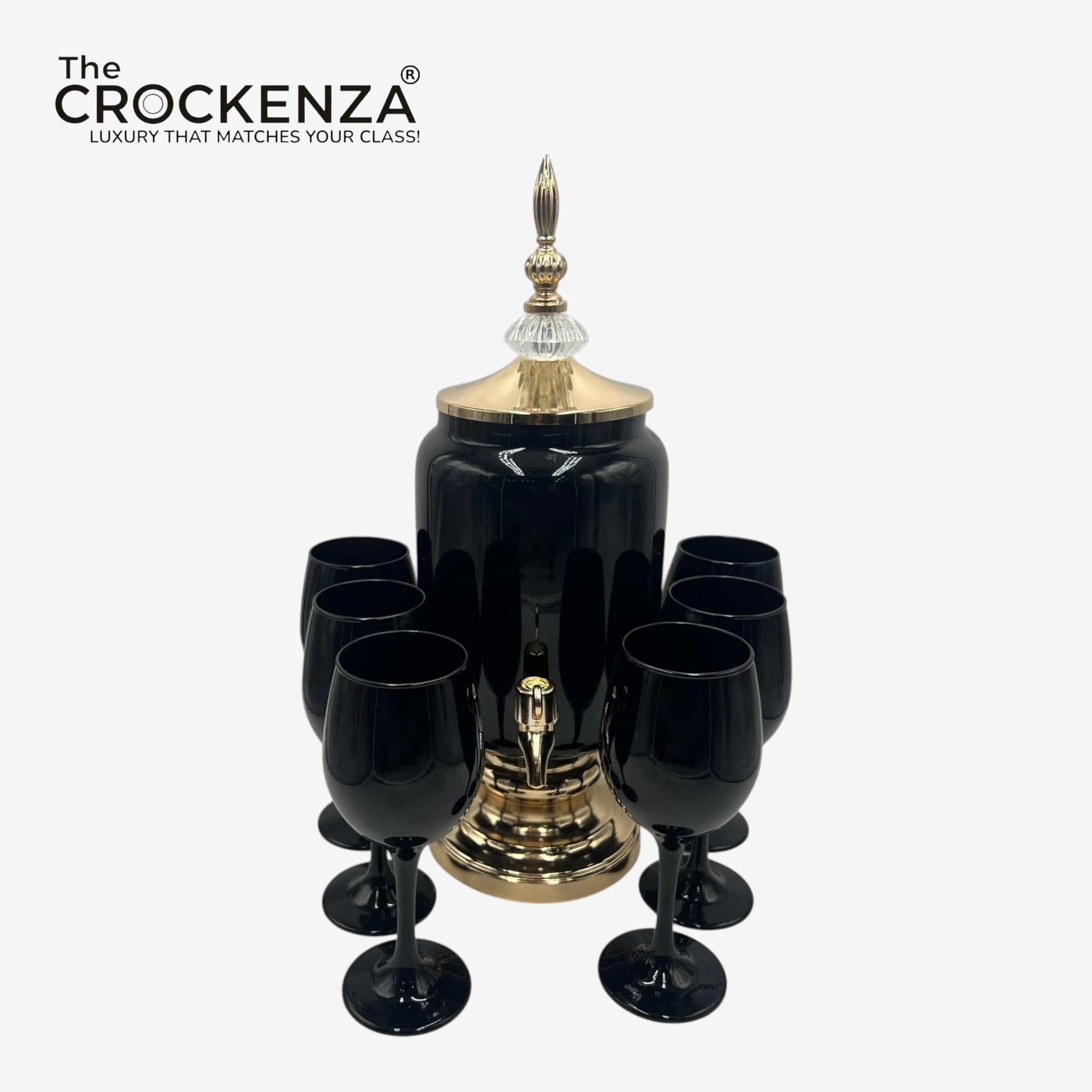 Midnight Noir 7-Piece Drink Dispenser Set – 3L Gold-Accented Server & 6 Black Stemmed Glasses