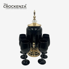 Midnight Noir 7-Piece Drink Dispenser Set – 3L Gold-Accented Server & 6 Black Stemmed Glasses