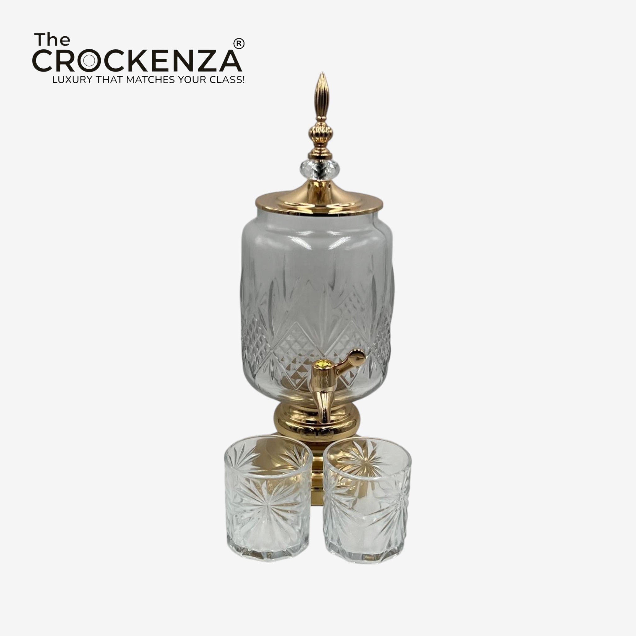 Luxury 7-Piece Crystal Cut Glass Beverage Dispenser Set with 6 Tumbler Glasses (3L Capacity) – Gold Pedestal Base