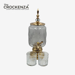 Luxury 7-Piece Crystal Cut Glass Beverage Dispenser Set with 6 Tumbler Glasses (3L Capacity) – Gold Pedestal Base