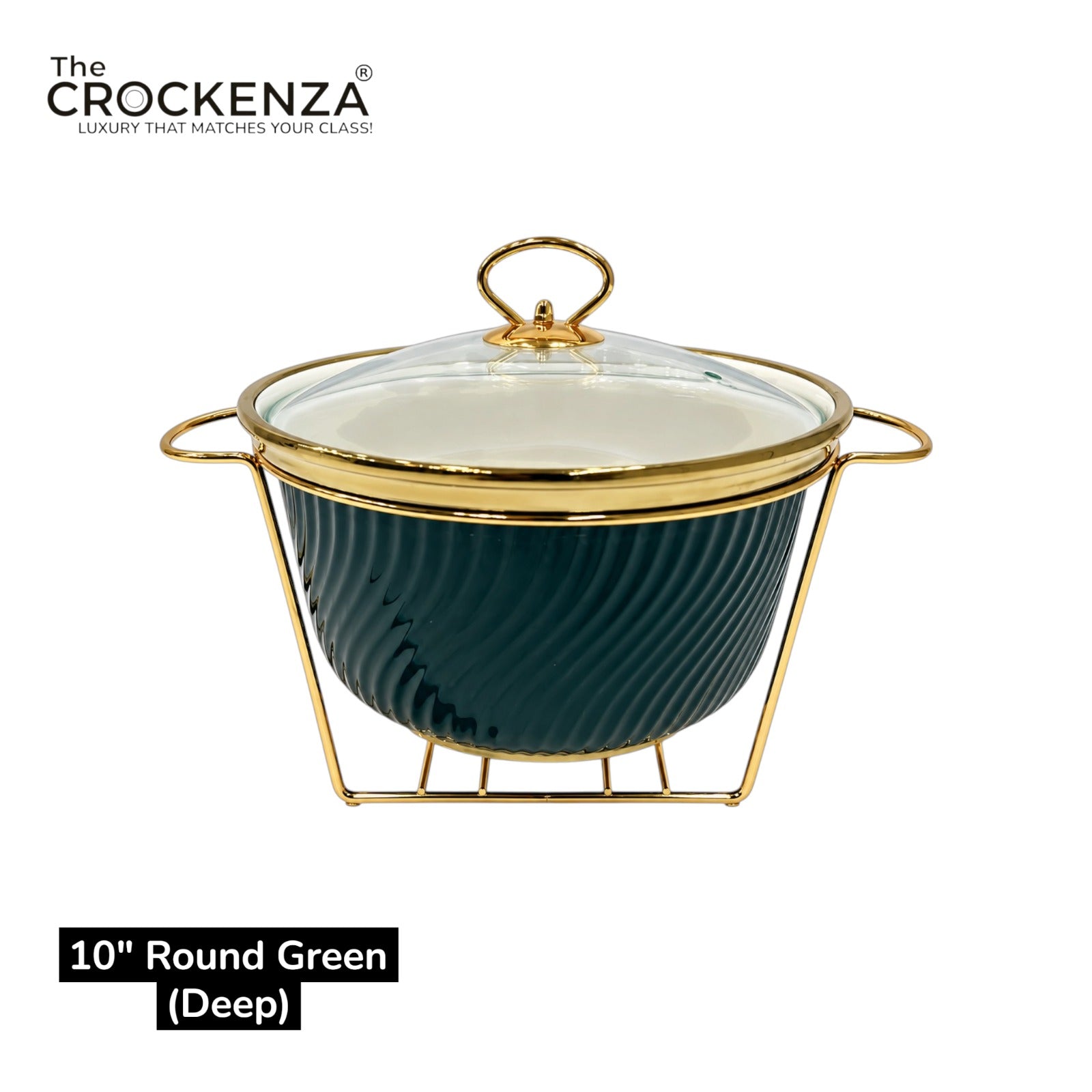 10-Inch Round Deep Green Porcelain Serving Bowl with Candle Holder Stand
