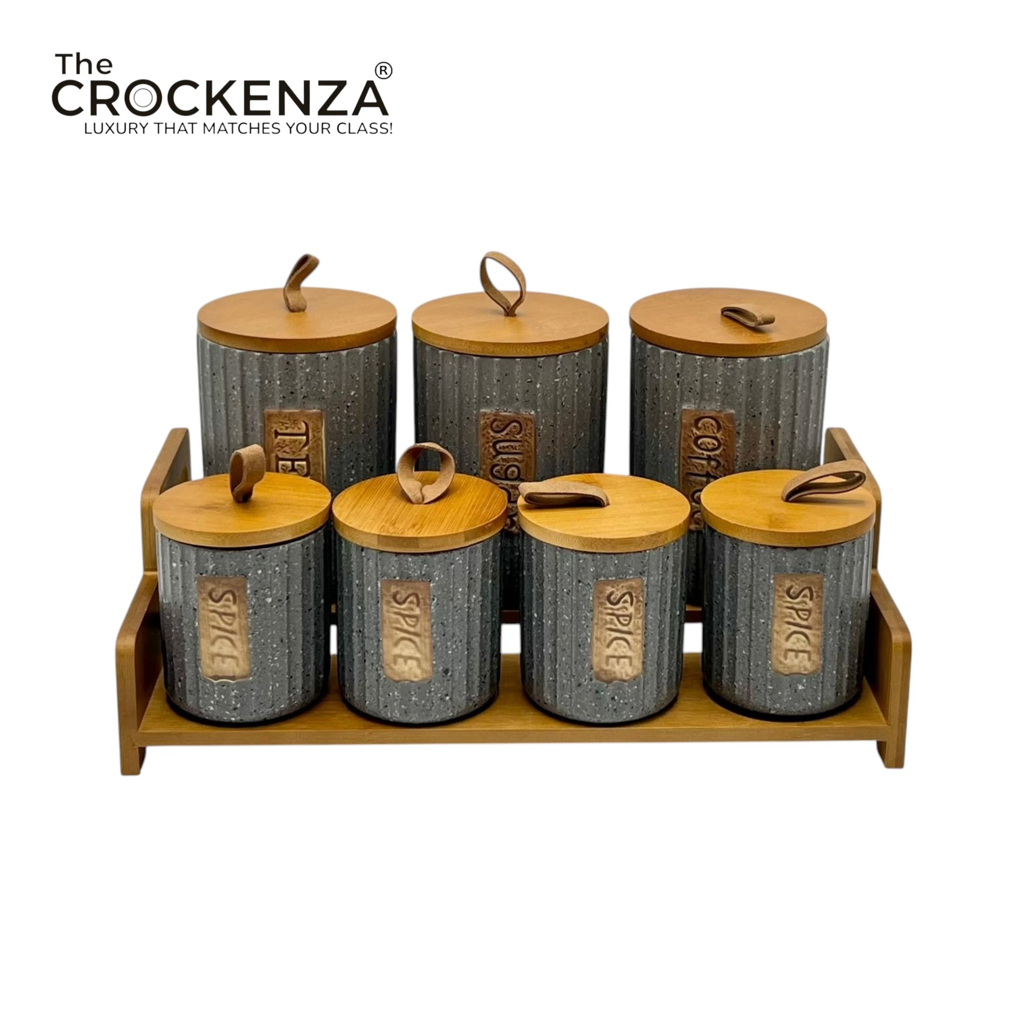 7-Piece Ceramic Airtight Jar Set with Wooden Lids & Storage Tray